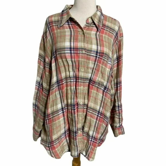 Jones NY‎ Sport 2X Plus-size tan + blue plaid linen button down top - Picture 1 of 5